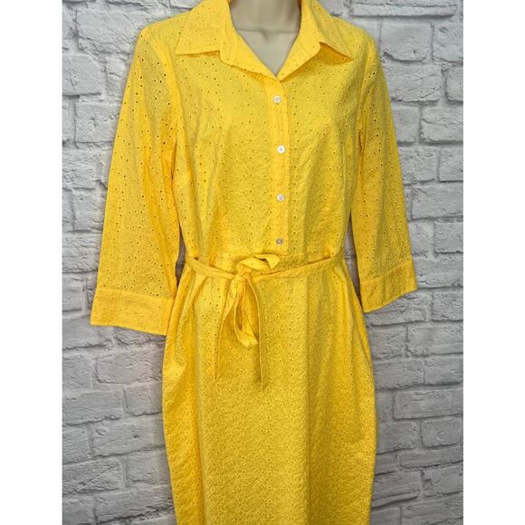 Talbots Yellow Eyelet Midi Shirt Dress Belt Size 8 3/4 Sleeves Button Front - Picture 2 of 8